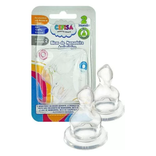 Bico de mamadeira de silicone chato com 02 unidades blister Cefisa