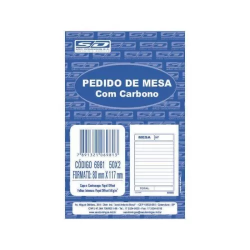 Bloco pedido de mesa 2 vias com carbono 8x11,7cm São Domingos