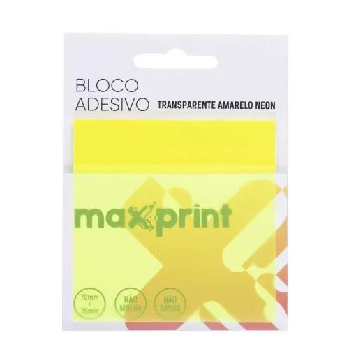 Bloco autoadesivo 76mmX76mm amarelo neon transparente com 50 folhas Maxprint