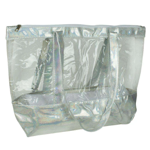 Bolsa feminina transparente 51x36x12cm com necesser holográfica