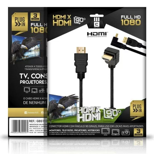 Cabo HDMI 4k 03 metros versão ângulo 90° MBtech