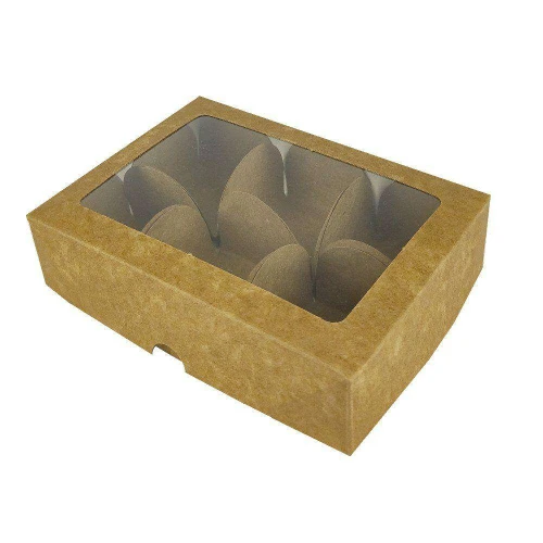 Caixa papel kraft com visor para 06 trufas 13x9,2x3cm com 10 unidades