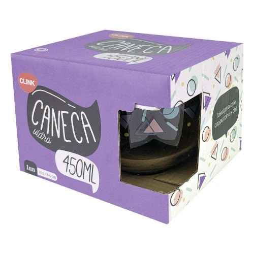 Caneca de vidro transparente 450ml decorada na caixa Clink