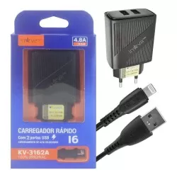 Carregador para celular 4.8A com 02 saídas usb + 01 cabo lightning para Iphone KV-3162A INOVA