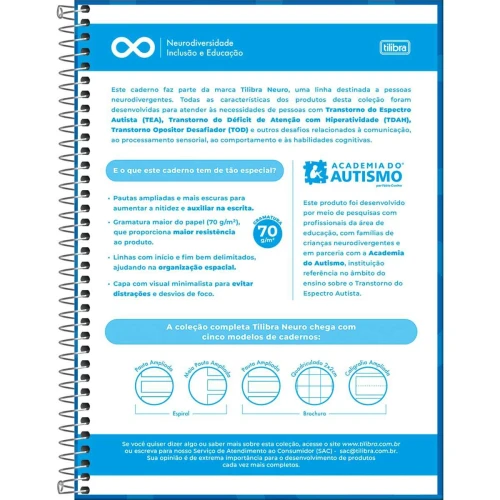 Caderno capa dura 01x1 80 folhas pauta ampliada para autismo Tilibra