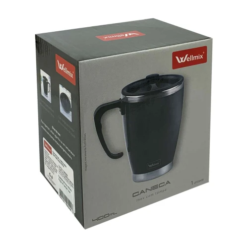 Caneca de inox 400ml preta com tampa lisa