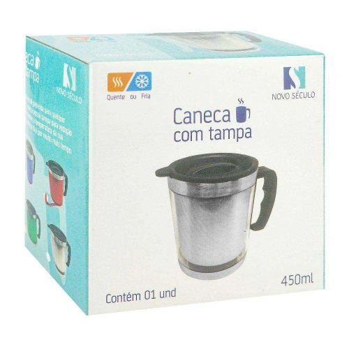 Caneca de inox 450ml colorida lisa com tampa Novo Século