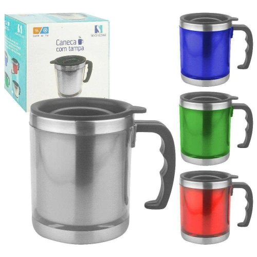 Caneca de inox 450ml colorida lisa com tampa Novo Século