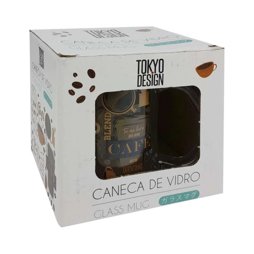 Caneca de vidro transparente 330ml decorada café Tokyo Design