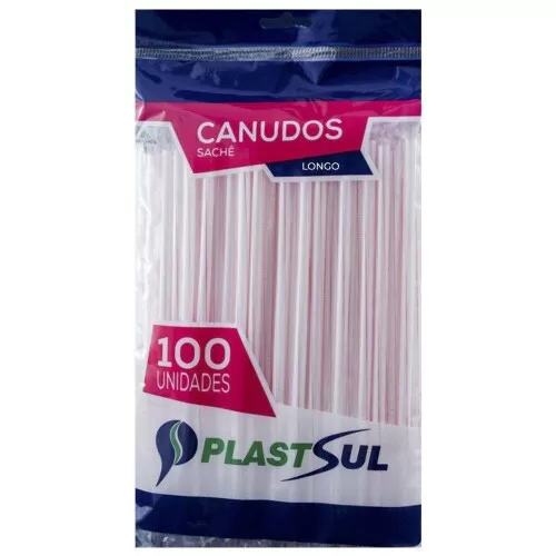 Canudo plástico sache longo com 100 unidades Plastsul