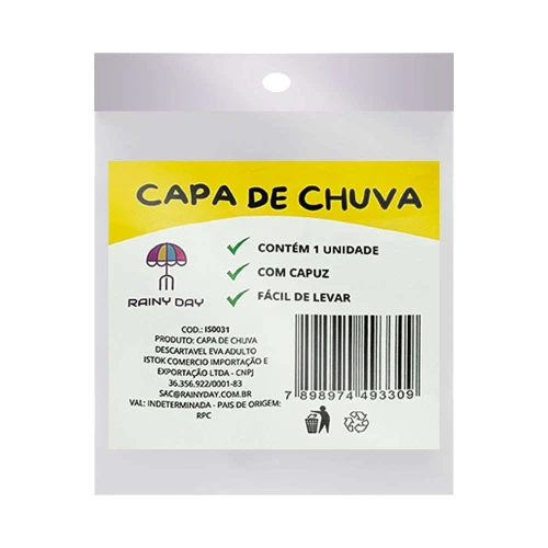 Capa de chuva adulto plástica tamanho único