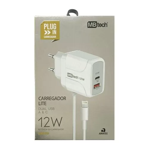 Carregador para celular com cabo lightning para Iphone com 01 saída usb + 01 saída tipo C MB52100 Mbtech