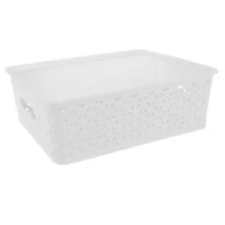 Cesto plástico rattan com tampa 23,5x15,5cm branco Plasnorthon