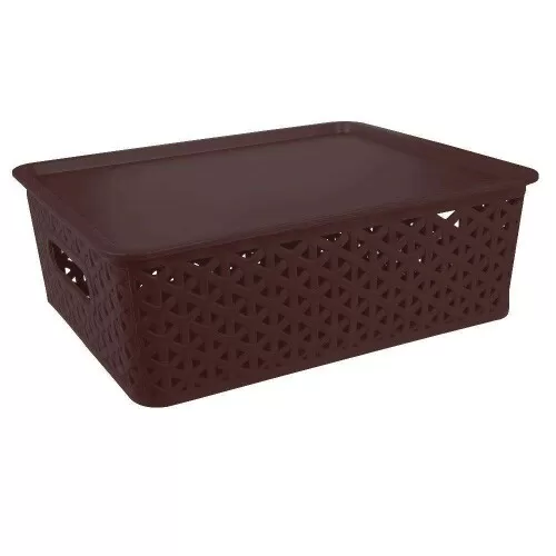 Cesto plástico rattan com tampa 23,5x15,5cm café Plasnorthon