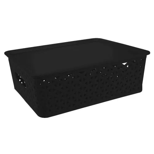 Cesto plástico rattan com tampa 23,5x15,5cm preto Plasnorthon