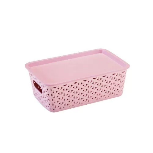 Cesto plástico rattan com tampa 23,5x15,5cm rosa Plasnorthon