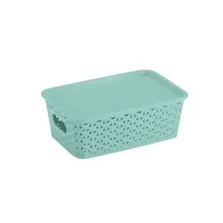 Cesto plástico rattan com tampa 23,5x15,5cm verde Plasnorthon