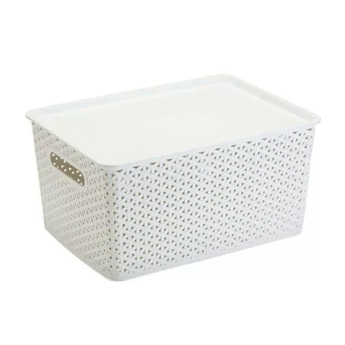 Cesto plástico rattan com tampa 36,5x26,5cm branco Plasnorthon