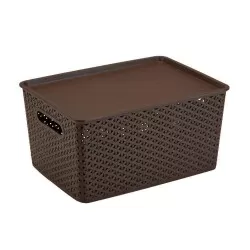 Cesto plástico rattan com tampa 36,5x26,5cm café Plasnorthon