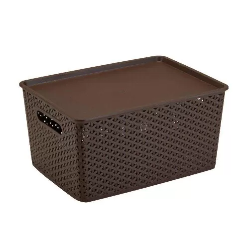 Cesto plástico rattan com tampa 36,5x26,5cm café Plasnorthon