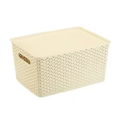 Cesto plástico rattan com tampa 36,5x26,5cm creme Plasnorthon