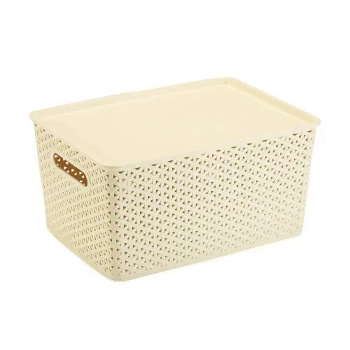 Cesto plástico rattan com tampa 36,5x26,5cm creme Plasnorthon