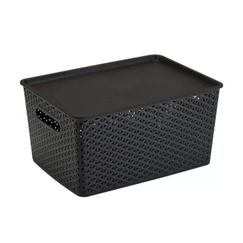 Cesto plástico rattan com tampa 36,5x26,5cm preto 1560pr Plasnorthon