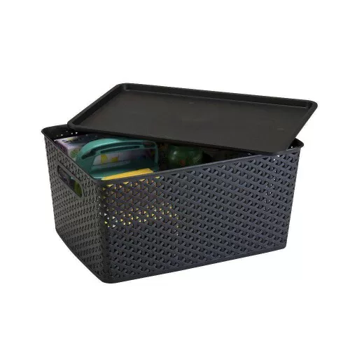 Cesto plástico rattan com tampa 36,5x26,5cm preto 1560pr Plasnorthon