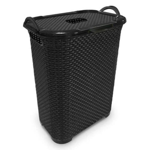 Cesto plástico retangular rattan 30x61x40cm preto Arqplast