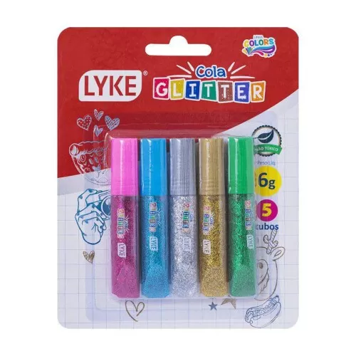 Cola glitter colours 06 gramas blister com 05 tubos sortidos Lyke