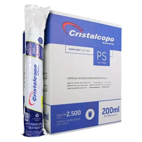 Copo plástico 200ml branco com 100 unidades Cristalcopo