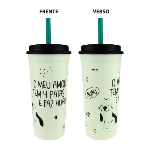 Copo plástico com canudo slim 500ml I Love My Dog