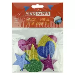 Corações e estrelas eva com glitter 5cm com 10 unidades sortidos Yin's