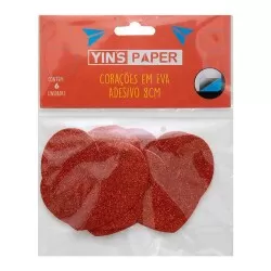 Corações eva com glitter vermelho 8cm com 06 unidades Yin's