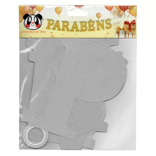 Faixa decorada parabéns glitter 12cm prata Comercial Wei