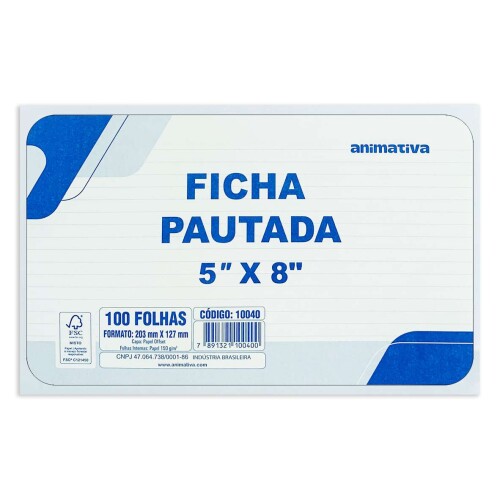 Ficha pautada 5x8 com 100 unidades 203x127mm Animativa