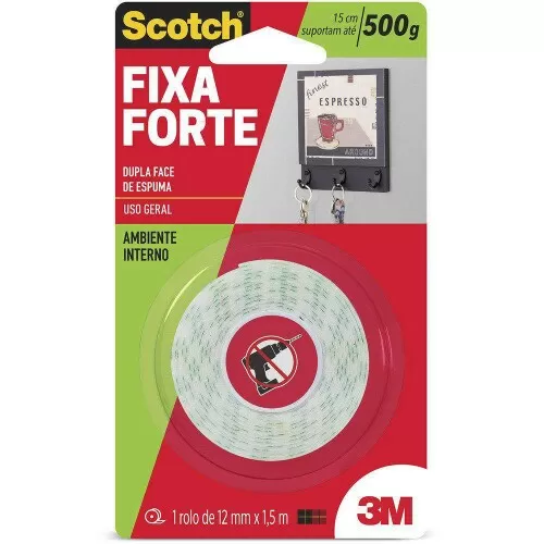 Fita dupla face 12mm x 1,5mt espumada fixa forte blister Scotch