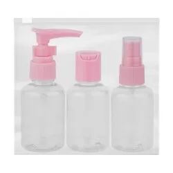 Kit para viagem com necesser plástica 03 peças rosa/branco