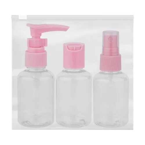 Kit para viagem com necesser plástica 03 peças rosa/branco