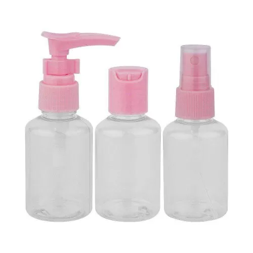 Kit para viagem com necesser plástica 03 peças rosa/branco