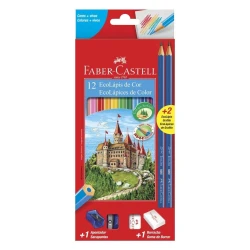 Lápis de cor Faber-Castell com 12 unidades + kit escolar com 04 peças