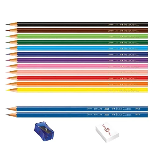 Lápis de cor Faber-Castell com 12 unidades + kit escolar com 04 peças