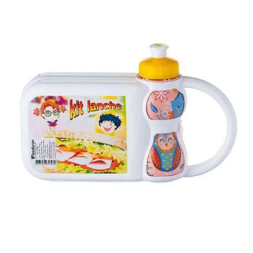 Lancheira plástica com garrafa squeeze 250ml Coruja Plasduran