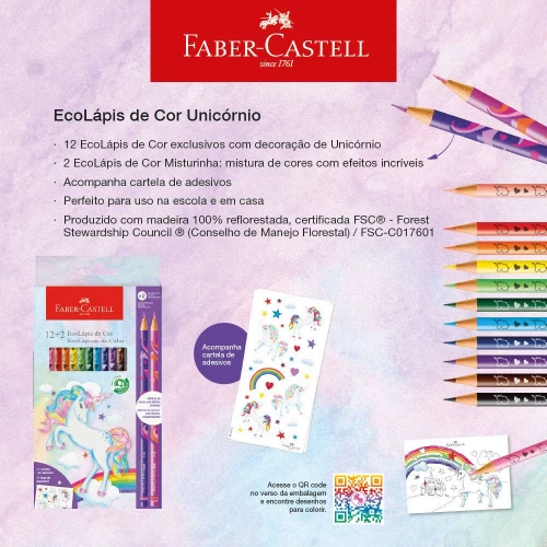 Lápis de cor 14 unidades unicórnio e adesivo Faber Castell