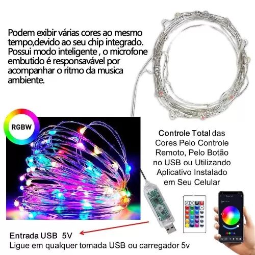 Luminária cordão de led usb com controle 10 metros com 100 leds Interponte