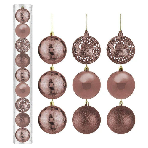 Natal bola mista decorado textura geométrica 8cm com 09 unidades rose