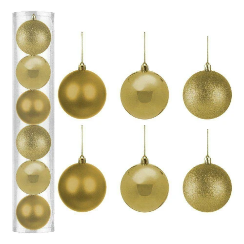 Natal bola mista fosca/lisa/glitter com 06 unidades 8cm dourado