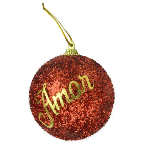 Natal bola com palavras com glitter amor/saúde/união vermelha 6cm