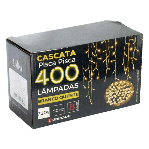 Natal pisca pisca cascata com 400 lâmpadas led branco quente 9,5mt Newway