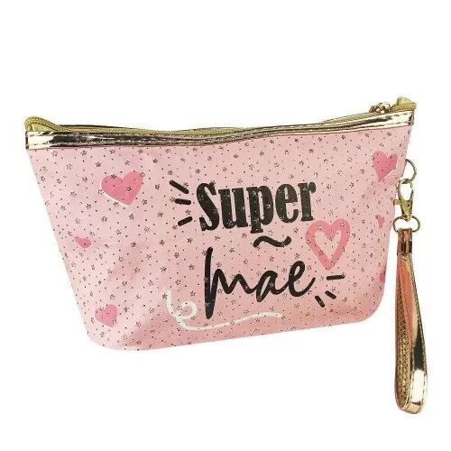 Necessaire feminina com 01 zíper decorada Super Mãe 22x14,5cm Make Friends